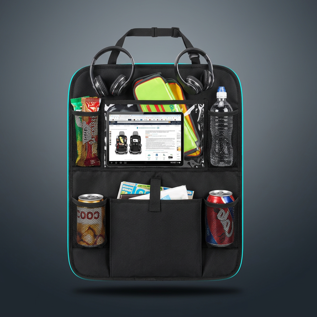Car Seat-Back Organizer – Storage Pockets & Tablet Holder Options on a graphite studio background