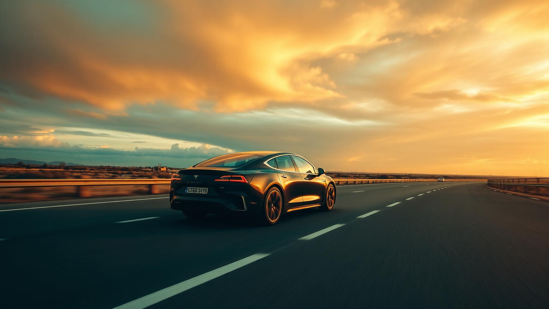 Electric vehicle driving at golden hour