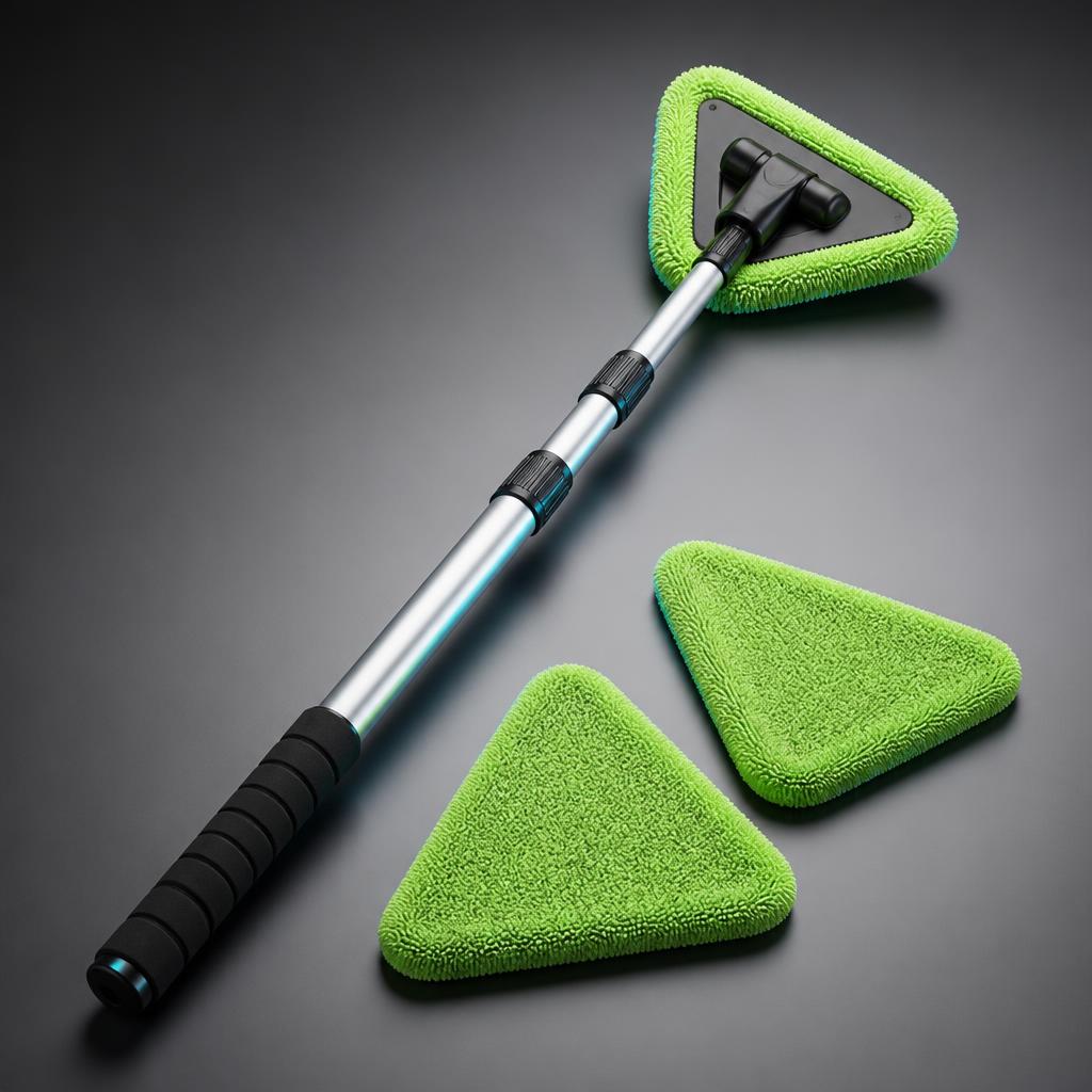 Telescopic Windshield Cleaning Tool with Reusable Microfiber Pads on a graphite studio background