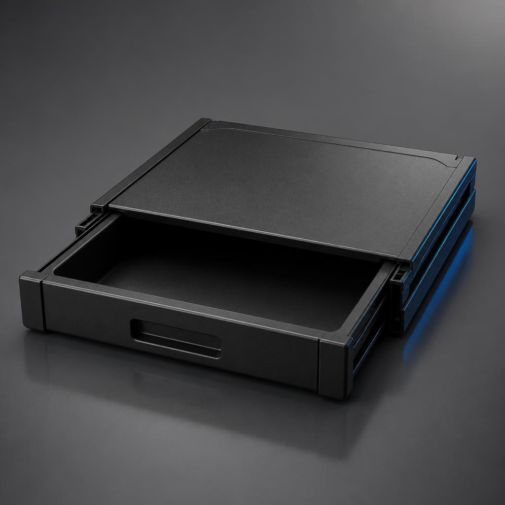 Under-Seat Storage Box – Compatible with Tesla Model Y Juniper 2025–2026 on a graphite studio background